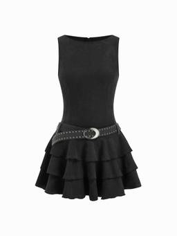 Cider - Layered Hem Women's Studded Belt Round Neck Mini Dress Black