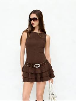 Cider - Layered Hem Women's Studded Belt Mini Dress Brown