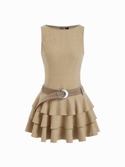Cider - Layered Hem Women's Sleeveless Round Neck Mini Dress Tan
