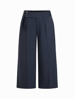 Cider - Stripe Buckle Women Mid-Waist Wide-Leg Trousers Navy Blue
