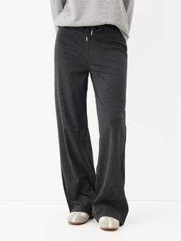 Cider - Cotton-Blend Women High-Waist Drawstring Straight Trousers Dark Grey