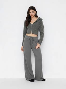 Cider - Cotton-Blend Women High-Waist Drawstring Straight-Leg Trousers Grey