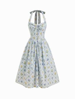 Cider - Ditsy Floral Women’s Halter Neck A-Line Maxi Dress Baby Blue
