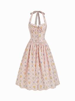 Cider - Cotton Blend Women Floral Halter Neck A-Line Maxi Dress Pink