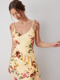Cider - Floral Mesh Women’s Scoop Neck Asymmetrical Hem Cami Top Yellow