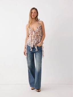 Cider - Chiffon Leopard Print Women's Ruffled Halter Neck Crop Top Pink