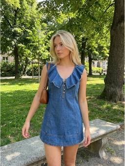 Cider - Washed Denim Women V-Neck Ruffle A-Line Mini Dress Mid Blue