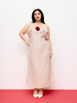 Cider - Satin Women's Polka Dot Ruffle Strap Maxi Dress Cream