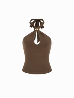 Cider - Tie Front Women Metal Detail Halter Neck Slim Top Brown