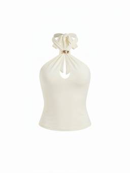 Cider - Tie Front Women Metal Detail Halter Neck Slim Top Cream