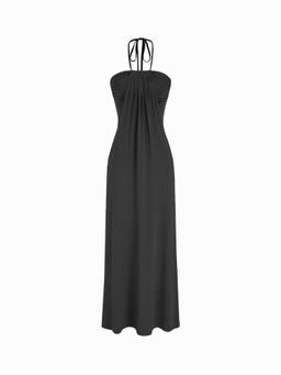 Cider - High Stretch Women Halter Neck Drawstring A-Line Maxi Dress Black