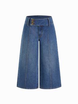Cider - Washed Denim Women's Low Rise Metal Detail Wide Leg Capris Navy Blue