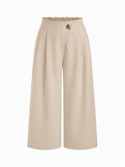 Cider - Metal Detail Women's Mid-Waist Pleated Wide-Leg Trousers Beige