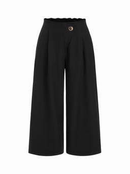 Cider - Metal Detail Women’s Mid-Waist Pleated Wide-Leg Trousers Black