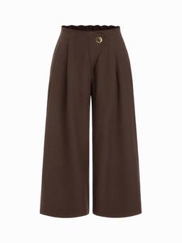 Cider - Metal Detail Women’s Mid-Waist Pleated Wide-Leg Trousers Brown