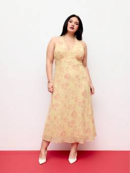 Cider - Chiffon Women's Floral Tie-Back Mermaid Maxi Dress Yellow