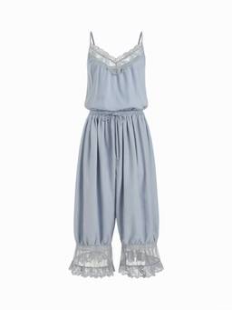 Cider - Lace Panel Women's V-Neck Drawstring Bloomer Jumpsuit Baby Blue