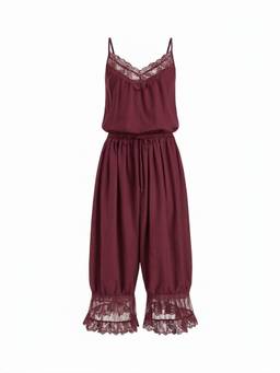 Cider - Lace Panel Women’s V-Neck Drawstring Oversized Jumpsuit Burgundy
