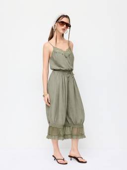 Cider - Lace Panel Women's V-Neck Oversized Drawstring Jumpsuit Green