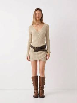 Cider - Knit V-Neck Women's Wrap Belted A-Line Mini Dress Beige