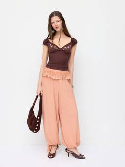 Cider - Chiffon Lace Panel Women's Mid-Waist Palazzo Pants Peach Pink