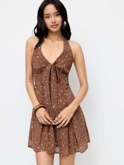 Cider - Deer Spot Women's Halter Neck Bow Tie Mini Dress Tan