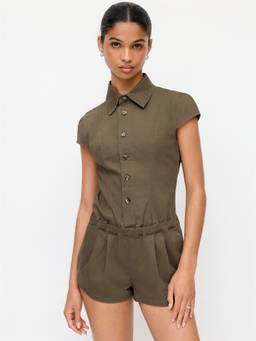 Cider - Stand Collar Women's Ruched Mid Rise Denim Playsuit Olive