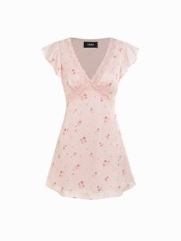 Cider - Satin Floral Women's V-Neck Ruffle Sleeve Flared Mini Dress Pink