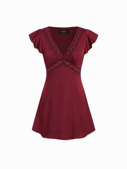 Cider - Satin Lace Women's V-Neck Ruffle Sleeve Flared Mini Dress Wine