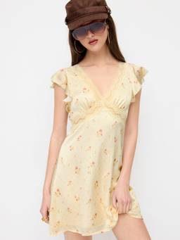 Cider - Satin Floral Women V-Neck Ruffle Sleeve Flared Mini Dress Yellow