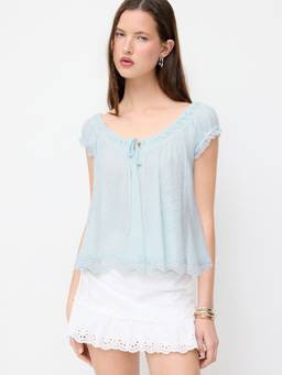 Cider - Textured Women Scoop Neck Drawstring Lace Trim Top Blue