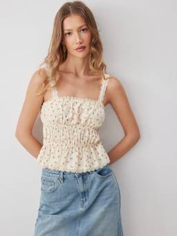 Cider - Cherry Print Women's Square Neck Lace Trim Tank Top Beige