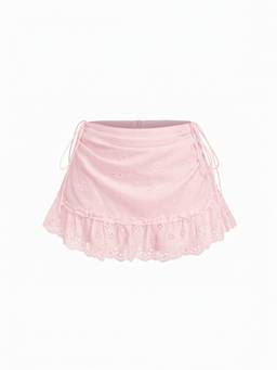 Cider - Textured Women's Floral Embroidered Ruched Low Rise Mini Skirt Pink