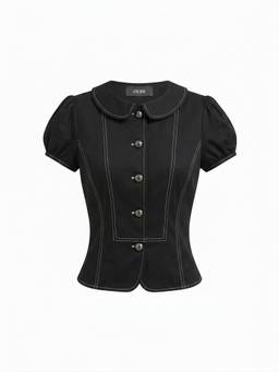 Cider - Cotton Blend Women Peter Pan Collar Puff Sleeve Blouse Black