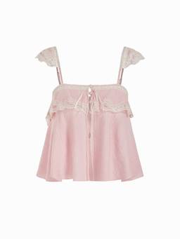 Cider - Lace Trim Women's Square Neck Ruffled Sleeve Blouse Pink