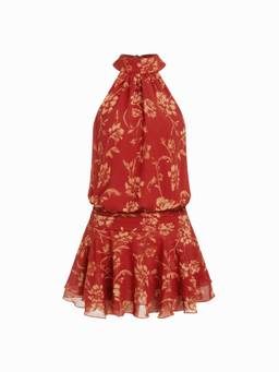 Cider - Chiffon Paisley Women's Halter Neck Shirred Mini Dress Red