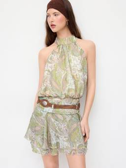 Cider - Paisley Women's Halter Neck Shirred Layered Mini Dress Green
