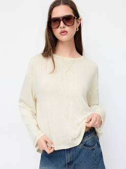 Cider - Stitch Detail Women's Oversized Round Neck T-Shirt Beige
