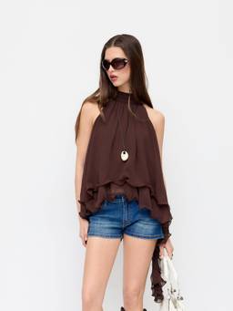 Cider - Chiffon Women's Halter Neck Ruffle Hem Oversized Blouse Brown