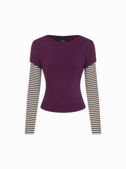 Cider - Striped Women's Slim Fit Round Neck Colorblock Top Burgundy