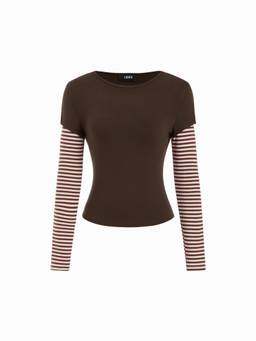 Cider - Striped Colorblock Women’s Round Neck Slim Fit Top Brown