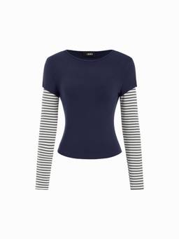 Cider - Striped Women's Colorblock Round Neck Slim Top Navy Blue