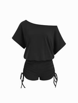 Cider - Asymmetrical Neck Women's Ruched Drawstring Playsuit Black