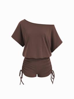 Cider - Women's Ruched Drawstring Tie-Back Playsuit Brown