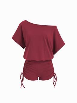 Cider - Asymmetrical Neck Women's Ruched Drawstring Romper Wine