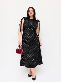 Cider - Cotton Blend Women's Polka Dots Ruched Boat Neck Midi Dress Black