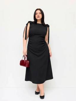 Cider - Cotton Blend Women's Ruched Boat Neck Midi Dress Black
