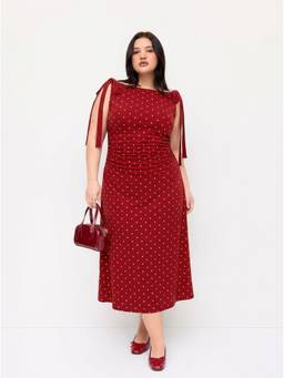 Cider - Cotton Blend Women Polka Dot Boat Neck Ruched Midi Dress Red