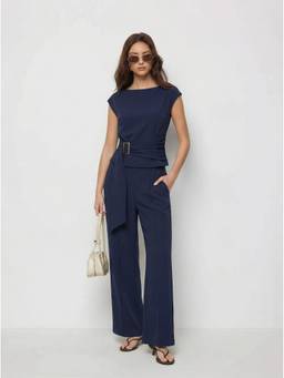 Cider - Metal Detail Belted Women's Ruched Co-ord Set Navy Blue