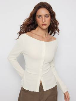 Cider - Lettuce Trim Women's Boat Neck Button Tie-Up Top Beige